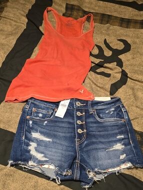 American Eagle Outfitters Coral Racerback Tank Top With Jean Shorts New With Tag